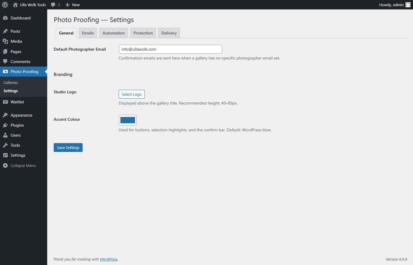 Settings page